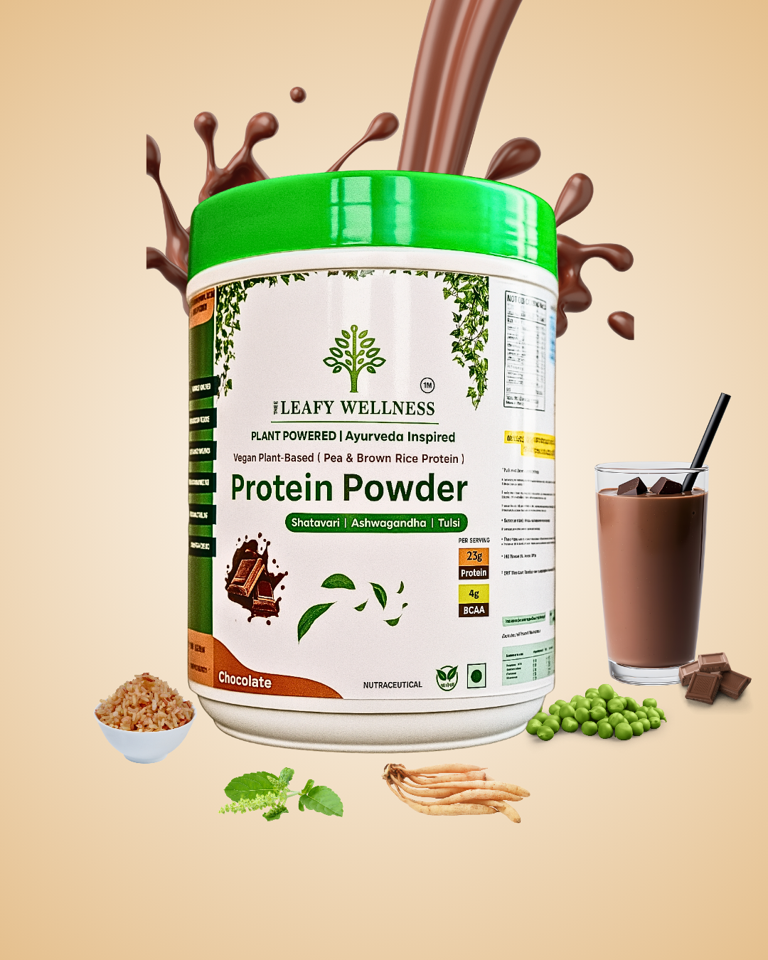Plant Protein Powder  23g Protein, Ayurvedic Herbs Blend | Clean & Na   The Leafy Wellness