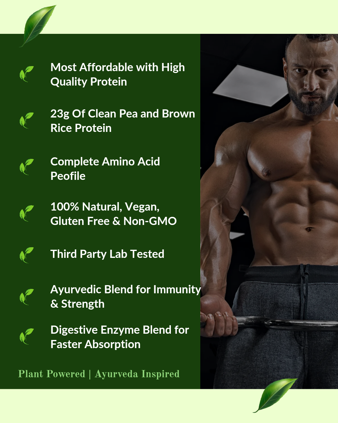 Bodybuilder holding a barbell with product features listed on a green background