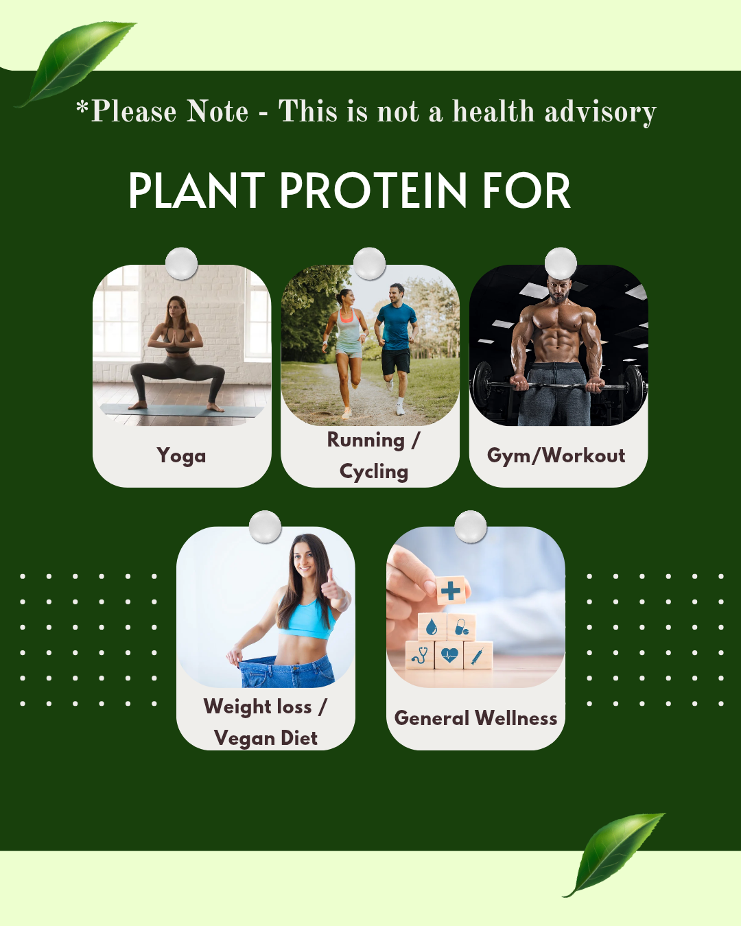 Promotional graphic for plant protein with lifestyle images and text on a green background.