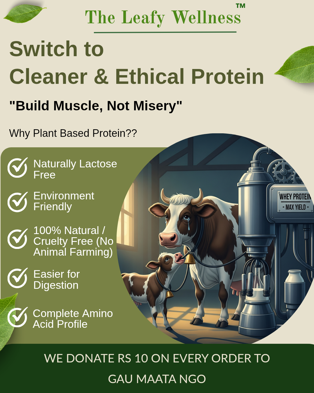 Advertisement for plant-based protein with a cow and machine illustration, promoting ethical and cleaner protein options.