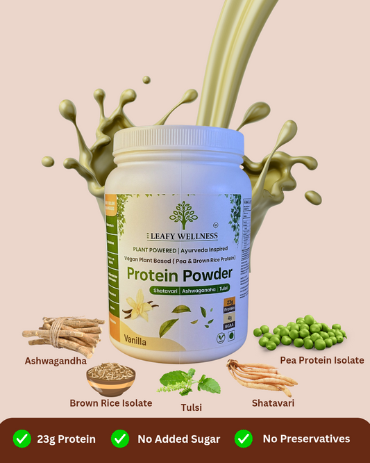 Protein powder container with ingredients and health benefits on a beige background